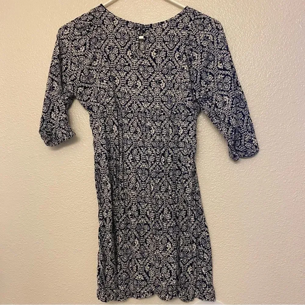Old navy girls tile blue print Long 3/4 sleeve cotton rayon dress L 10/12